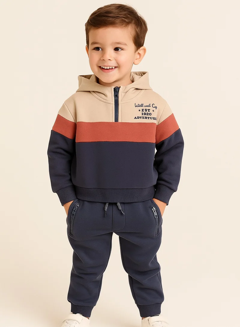 Dirkje Boys Colorblock Fleece Tracksuit – Cream, Terracotta & Grey 2-Piece Set