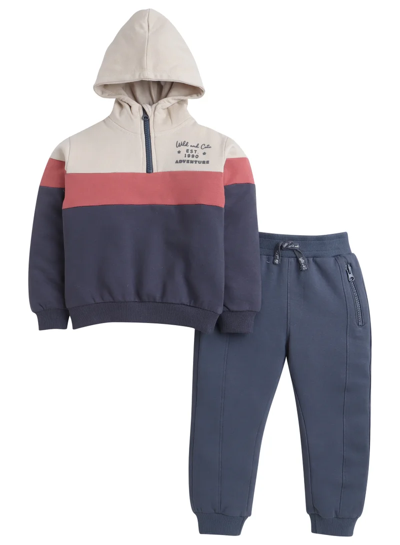 Dirkje Boys Colorblock Fleece Tracksuit – Cream, Terracotta & Grey 2-Piece Set