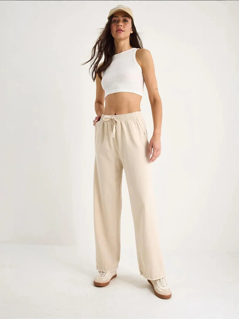 Bianco Lucci Beige Natural LUCCI Elastic Waist Straight Leg Pants for Women | Best Price UAE
