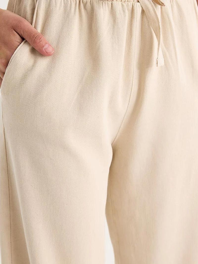 Bianco Lucci Beige Natural LUCCI Elastic Waist Straight Leg Pants for Women | Best Price UAE