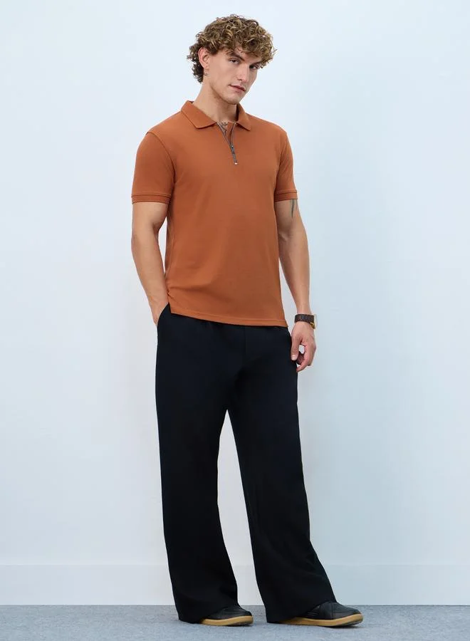 The Souled Store Men Burnt Orange Zip Polo T-Shirt