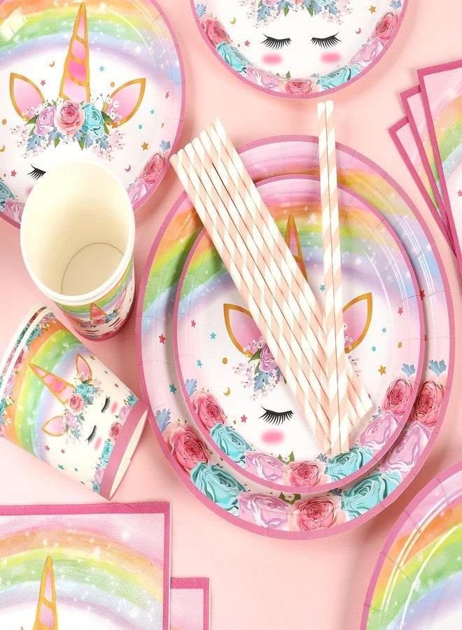 QIFU Unicorn Birthday Decorations for Girls - 82 Pcs Rainbow Unicorn Party Supplies include Disposable Tableware, Tablecloths and Banners, Pink Floral Birthday Party Decor Serves 16 - Image 5