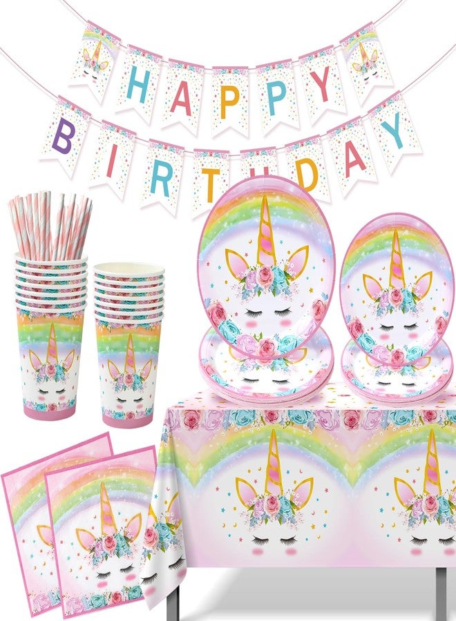 QIFU Unicorn Birthday Decorations for Girls - 82 Pcs Rainbow Unicorn Party Supplies include Disposable Tableware, Tablecloths and Banners, Pink Floral Birthday Party Decor Serves 16 - Image 1