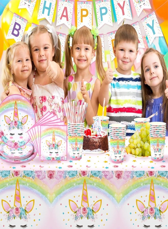 QIFU Unicorn Birthday Decorations for Girls - 82 Pcs Rainbow Unicorn Party Supplies include Disposable Tableware, Tablecloths and Banners, Pink Floral Birthday Party Decor Serves 16 - Image 2