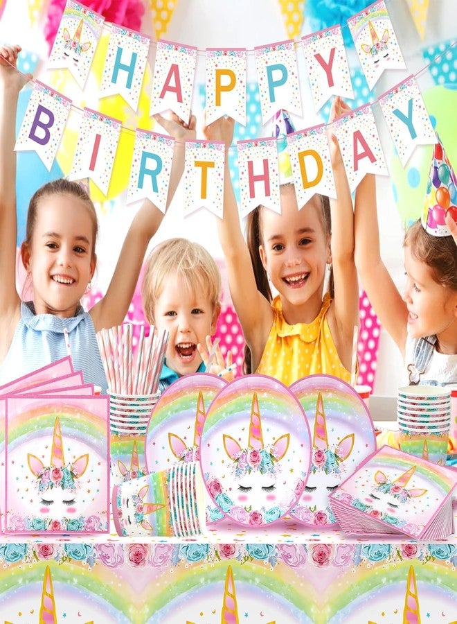 QIFU Unicorn Birthday Decorations for Girls - 82 Pcs Rainbow Unicorn Party Supplies include Disposable Tableware, Tablecloths and Banners, Pink Floral Birthday Party Decor Serves 16 - Image 4