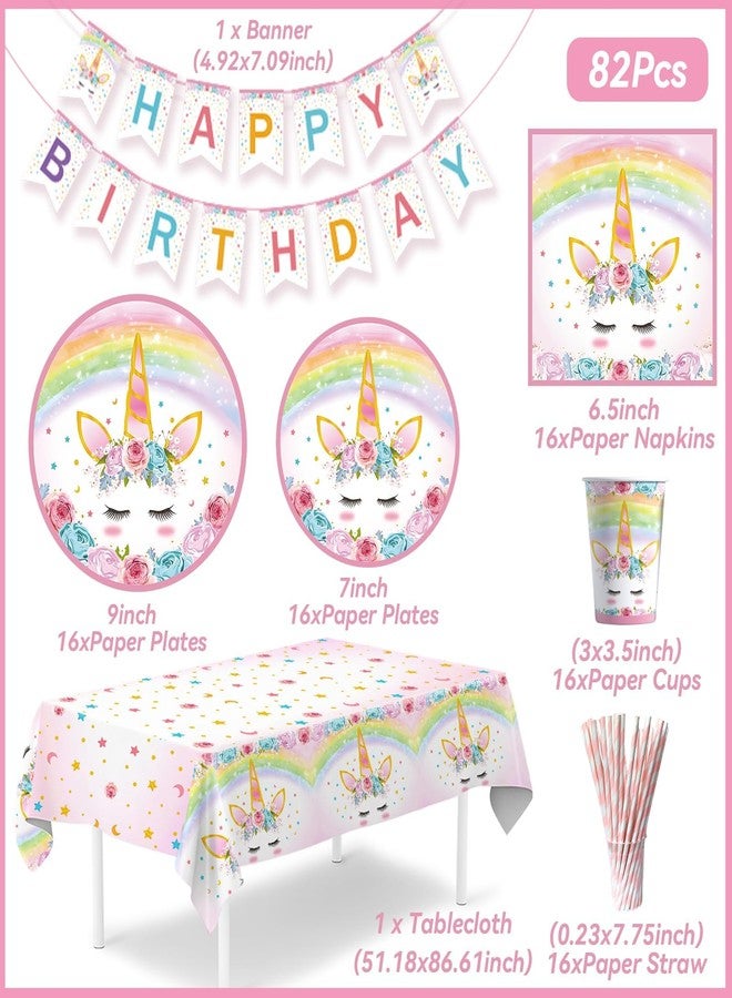 QIFU Unicorn Birthday Decorations for Girls - 82 Pcs Rainbow Unicorn Party Supplies include Disposable Tableware, Tablecloths and Banners, Pink Floral Birthday Party Decor Serves 16 - Image 3