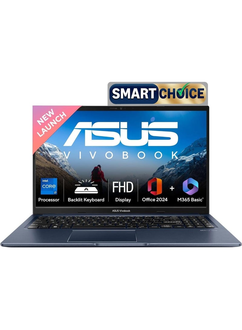 أسوس لابتوب ASUS VivoBook 15 X1502VA - BQ487، شاشة 15.6 بوصة بدقة Full HD، معالج Intel Core i7-13620H، 16GB ذاكرة RAM DDR4، 512GB SSD PCIe 4.0، رسومات Intel UHD، WiFi 6E، لوحة مفاتيح مضاءة، Windows 11، أزرق هادئ - Image 1