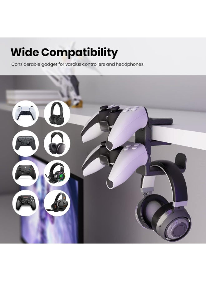 3-in-1 PC Gaming Headset&Controller Holder - EURPMASK Headphone Stand w/Adjustable Clamp&2 Controller Holder&Rotating Arm&Cable Organizer, Universal PC Gaming Accessory Controller Headset Stand-Black - Image 3