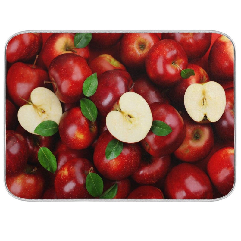Leaves Red Apples Dish Drying Mat 18 X 24 Inch Natural Fresh Fruits Dry Dishes Pads Tableware Mats Absorbent Microfiber Protector for Kitchen Countertops Counter Home Decorations