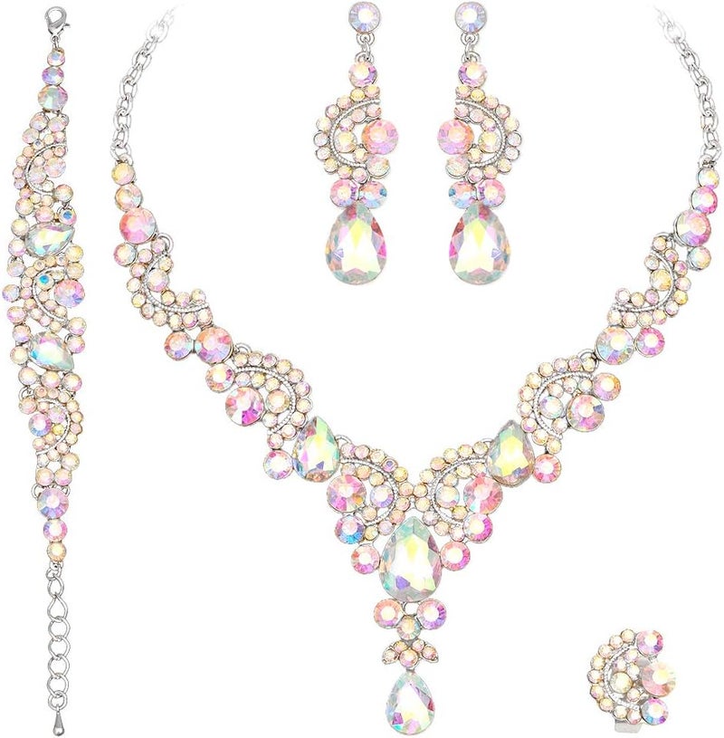 CSY Elegant Crystal Necklace Earrings Bracelet Ring Bridal Wedding Party Costume Jewelry Sets for Brides Women - Image 1