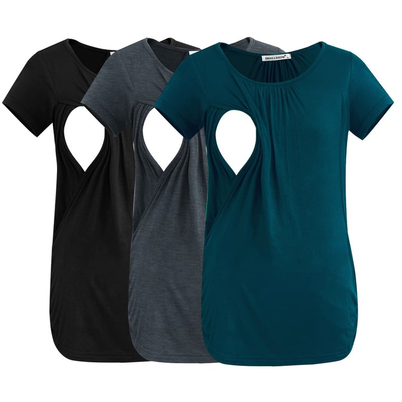 قمصان رضاعة نسائية قصيرة الأكمام من سمولشو - 3 قطع باللون الأسود والرمادي الداكن والأخضر الفاتح - مقاس متوسط