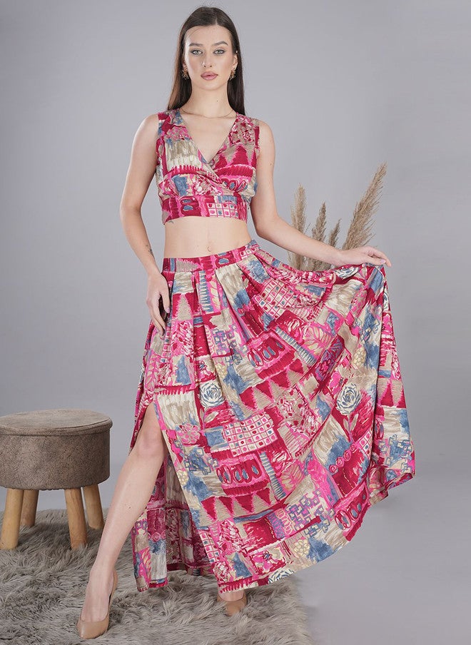 FIMS Pink Abstract Print Fit & Flare Maxi Dress - Image 1