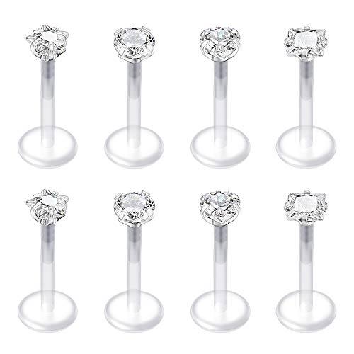 QWALIT 16G Plastic Lip Rings Labret Studs Plastic Cartilage Tragus Earrings Push in Labret Jewelry Cubic Zirconia Bioflex Medusa Labret Helix Piercing Jewelry 8mm - Image 1