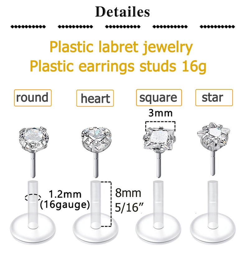 QWALIT 16G Plastic Lip Rings Labret Studs Plastic Cartilage Tragus Earrings Push in Labret Jewelry Cubic Zirconia Bioflex Medusa Labret Helix Piercing Jewelry 8mm - Image 2