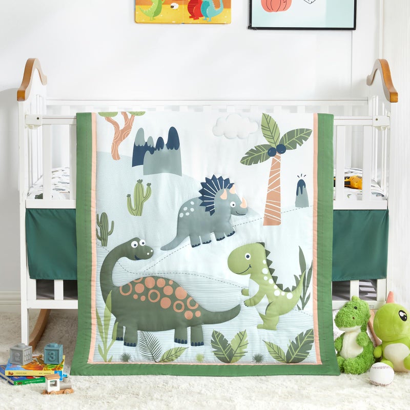 Wowelife Dinosaur Crib Bedding Set for Boys Green, Premium 3-Piece Baby Bedding Set, Nursery Crib Set, Newborn, Infant & Toddler Nursery Bed Set, Green Dinosaur - Image 1