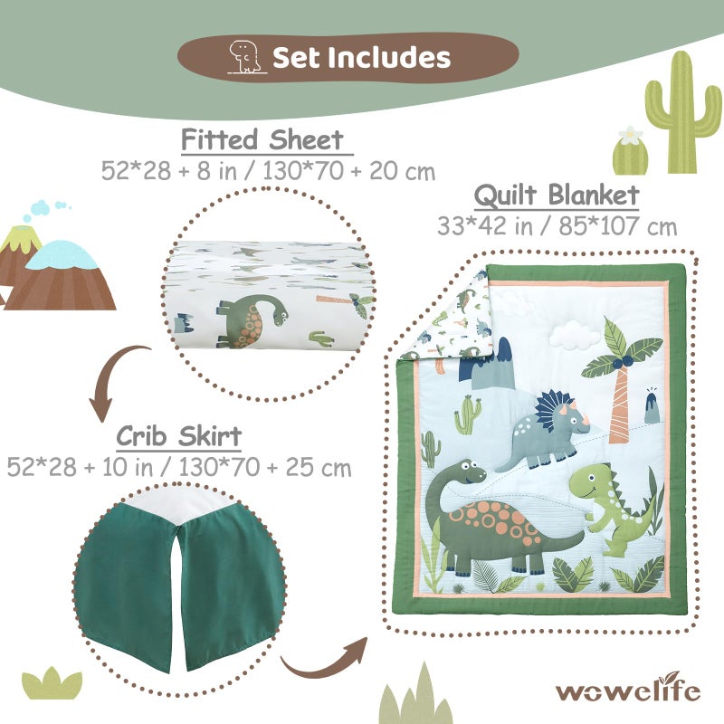 Wowelife Dinosaur Crib Bedding Set for Boys Green, Premium 3-Piece Baby Bedding Set, Nursery Crib Set, Newborn, Infant & Toddler Nursery Bed Set, Green Dinosaur - Image 5