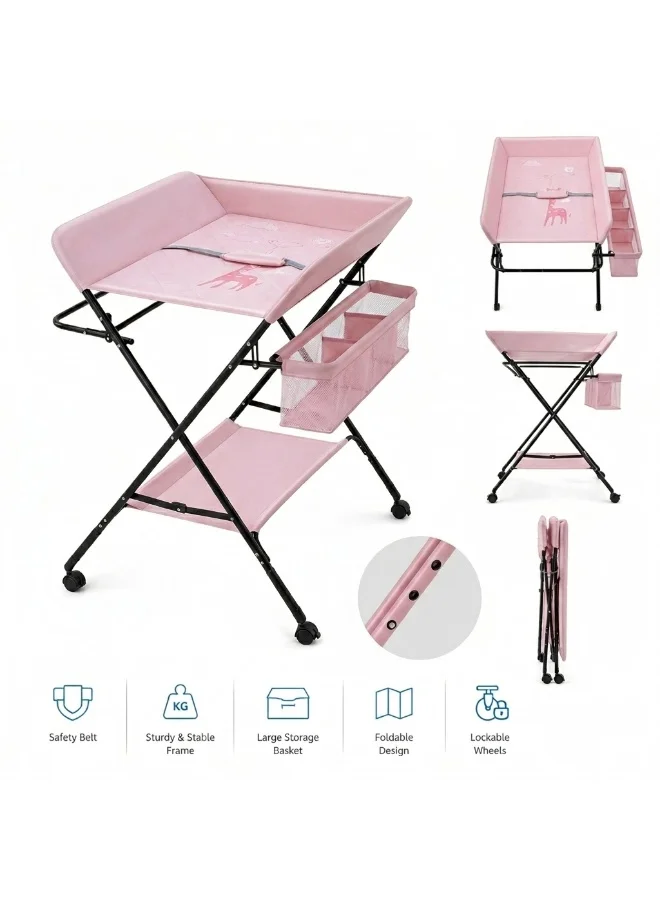 كيكيبيبي Kikibebe Babycare Diaper Changing Table With Wheels – 5-Level Height Adjustable Infant Care Station With Storage Shelf – Pink