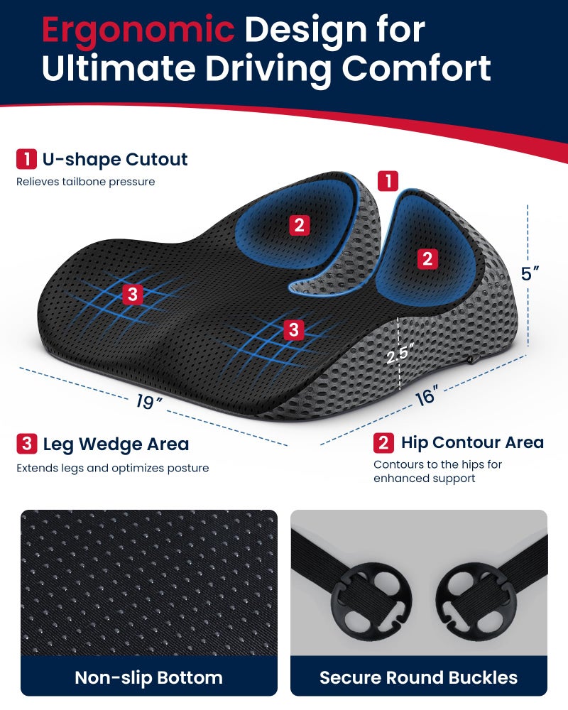 ADERI Gel Wedge Car Seat Cushion for Driving Relieves Tailbone Pain, Composite Gel Memory Foam for Cool & Support Comfort, Ergonomic Car Seat Pillow, Elevated Back for Wider Vision, Anti-Slip Design - Image 2