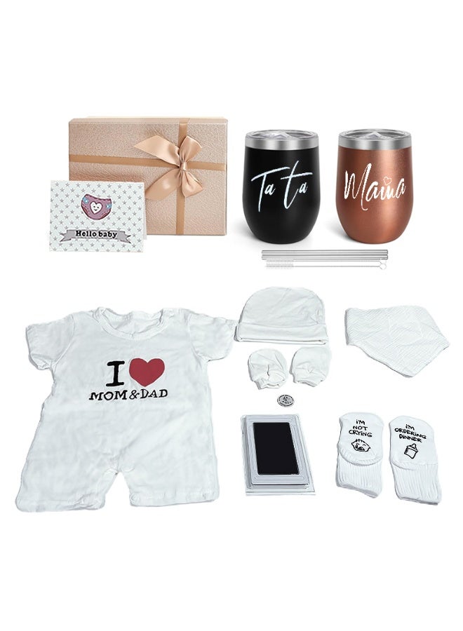 Newborn Gift Set, with Thermal Mug for Parents, Gloves, Hat, Bib, Jumpsuit, Socks, Baby Fingerprint Kit - Image 1