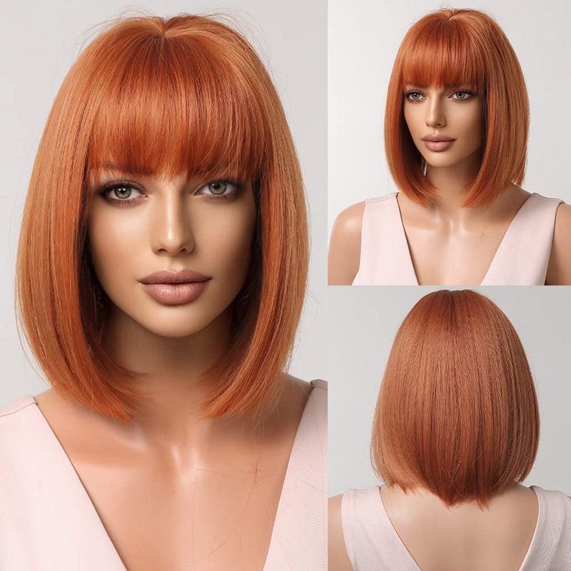 MAGQOO Auburn Red Copper Wig Women Dark Orange Bob Wigs Short Straight Dark Orange Wigs with Bangs Synthetic Heat Resistant Wig Cap Included - Image 2