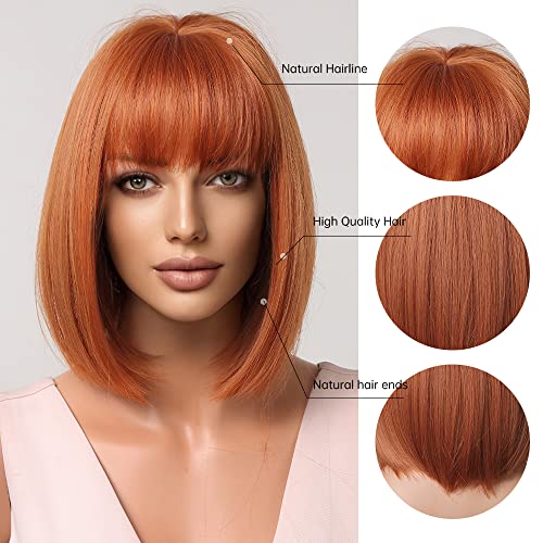 MAGQOO Auburn Red Copper Wig Women Dark Orange Bob Wigs Short Straight Dark Orange Wigs with Bangs Synthetic Heat Resistant Wig Cap Included - Image 3
