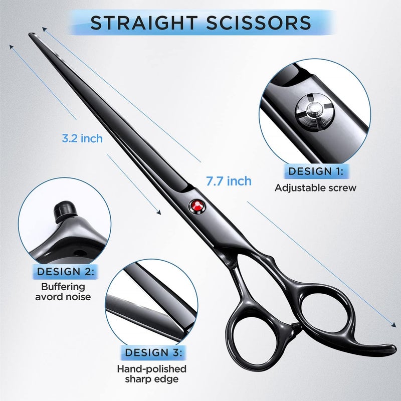 Gimars 7.0in Stainless Steel 6 in 1 Professional Dog Grooming Scissors Kit, Heavy 4CR Titanium Coated Straight & Thinning & Curved Shears & Comb Set for Dog & Cat Grooming - Image 3