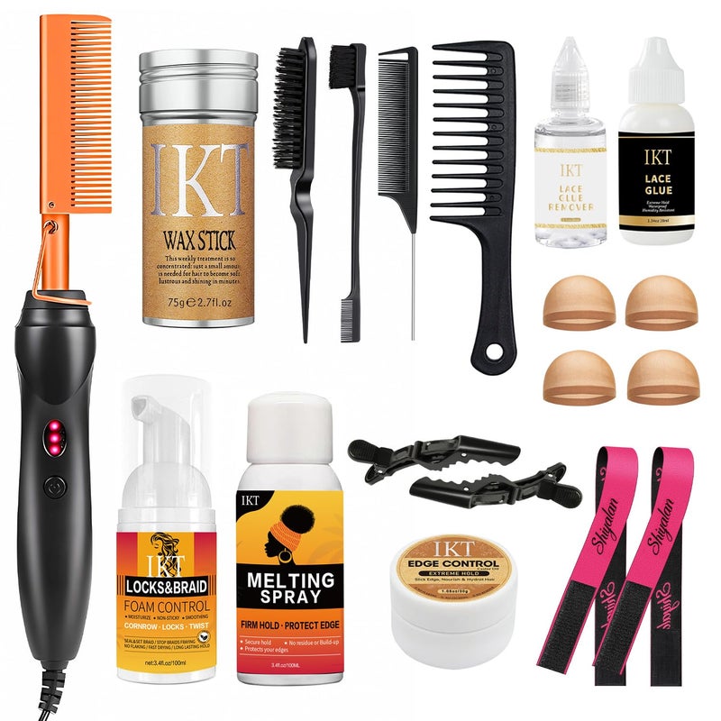 Hot Comb Set Electric Hair Straightener Comb Curling Iron for Natural Black Hair Wigs Pressing Combs with Wig Glue Hair Wax Stick Set Rat Tail Comb Salon Clips