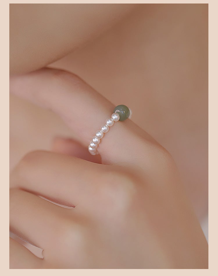 Elegant Jade Bead Ring for Women Dark Hetian jade 6-7mm/bead 3mm