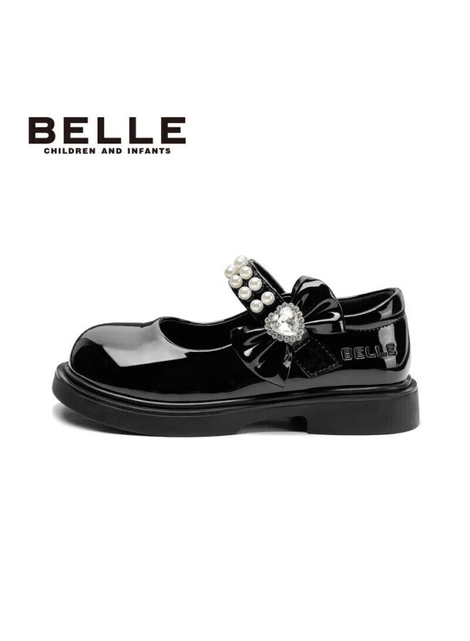 Belle Children's Shoes, Spring And Autumn Girls' Black Leather Shoes, Children's Performance Student Shoes, Pearl Flats, Princess Shoes, Black, Size 28 - Image 1
