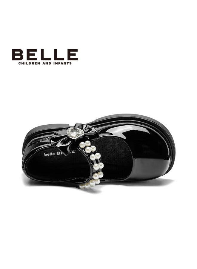 Belle Children's Shoes, Spring And Autumn Girls' Black Leather Shoes, Children's Performance Student Shoes, Pearl Flats, Princess Shoes, Black, Size 28 - Image 2