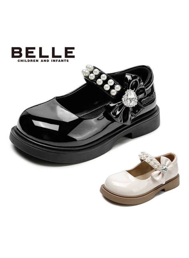 Belle Children's Shoes, Spring And Autumn Girls' Black Leather Shoes, Children's Performance Student Shoes, Pearl Flats, Princess Shoes, Black, Size 28 - Image 5