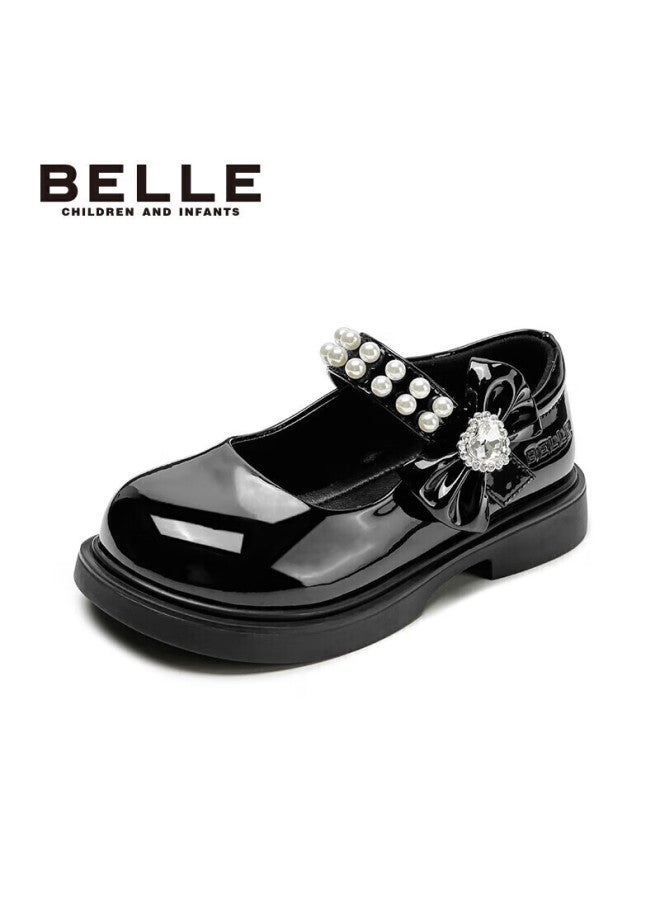 Belle Children's Shoes, Spring And Autumn Girls' Black Leather Shoes, Children's Performance Student Shoes, Pearl Flats, Princess Shoes, Black, Size 28 - Image 3