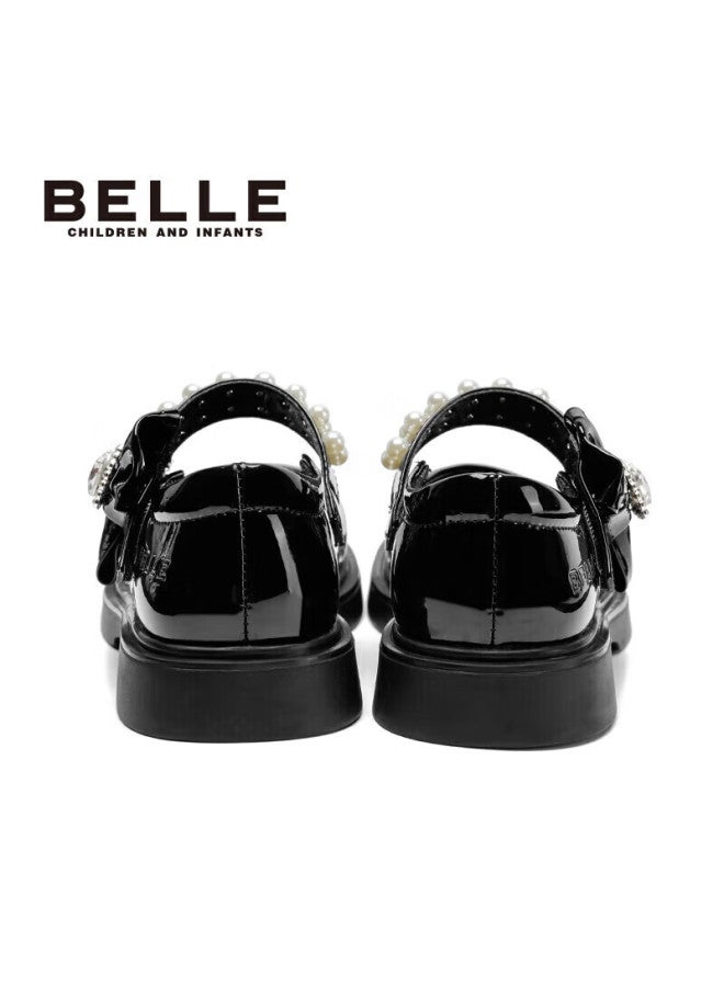 Belle Children's Shoes, Spring And Autumn Girls' Black Leather Shoes, Children's Performance Student Shoes, Pearl Flats, Princess Shoes, Black, Size 28 - Image 4
