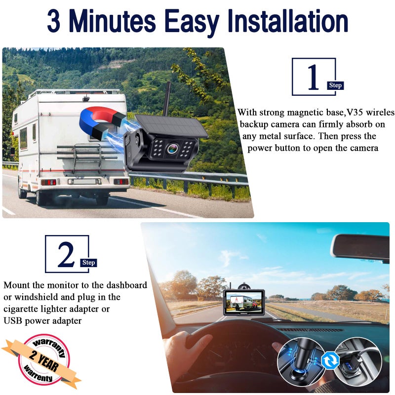 DoHonest Wireless Backup Camera Solar Magnetic: Portable Cordless Scratch-Proof Truck Trailer Hitch Rear View Camera HD 1080P No Wiring No Drilling Rechargeable 5'' Monitor Kit for Car RV Camper - DoHonest R50 - Image 2