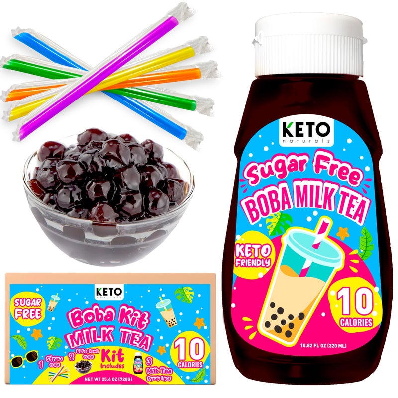Sugar Free Boba Kit Milk Tea (21 servings) Diet 10 calories only. Keto friendly bubble tea kit Taiwanese milk tea. Low calorie drinks delicious boba tea kit. One kit contains boba pearls, sugar free milk tea syrup and straws - Image 1