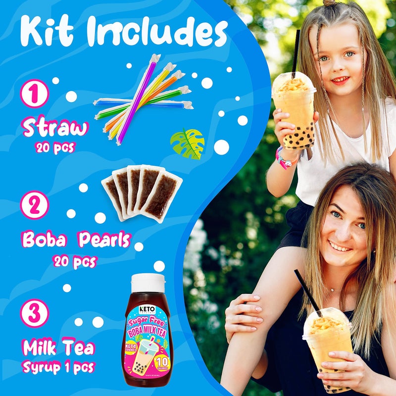 Sugar Free Boba Kit Milk Tea (21 servings) Diet 10 calories only. Keto friendly bubble tea kit Taiwanese milk tea. Low calorie drinks delicious boba tea kit. One kit contains boba pearls, sugar free milk tea syrup and straws - Image 3