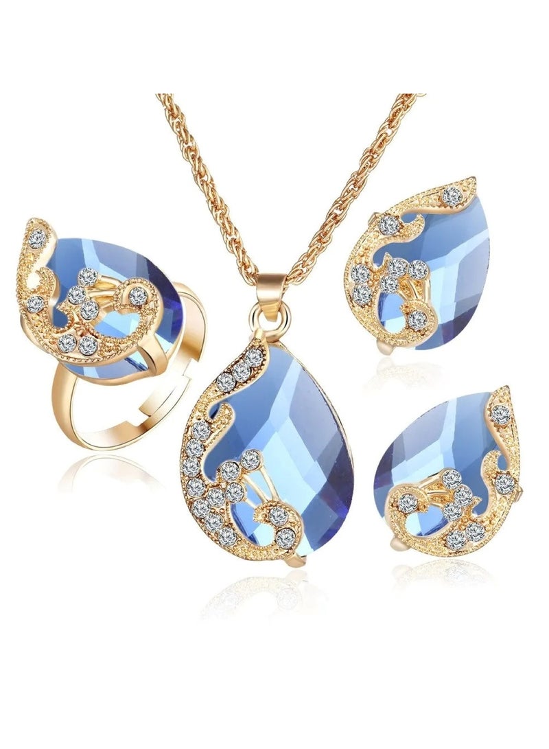Huitich Three-Piece Jewelry Set Pendant Necklace, Earrings, and Ring for Women Blue - Image 1