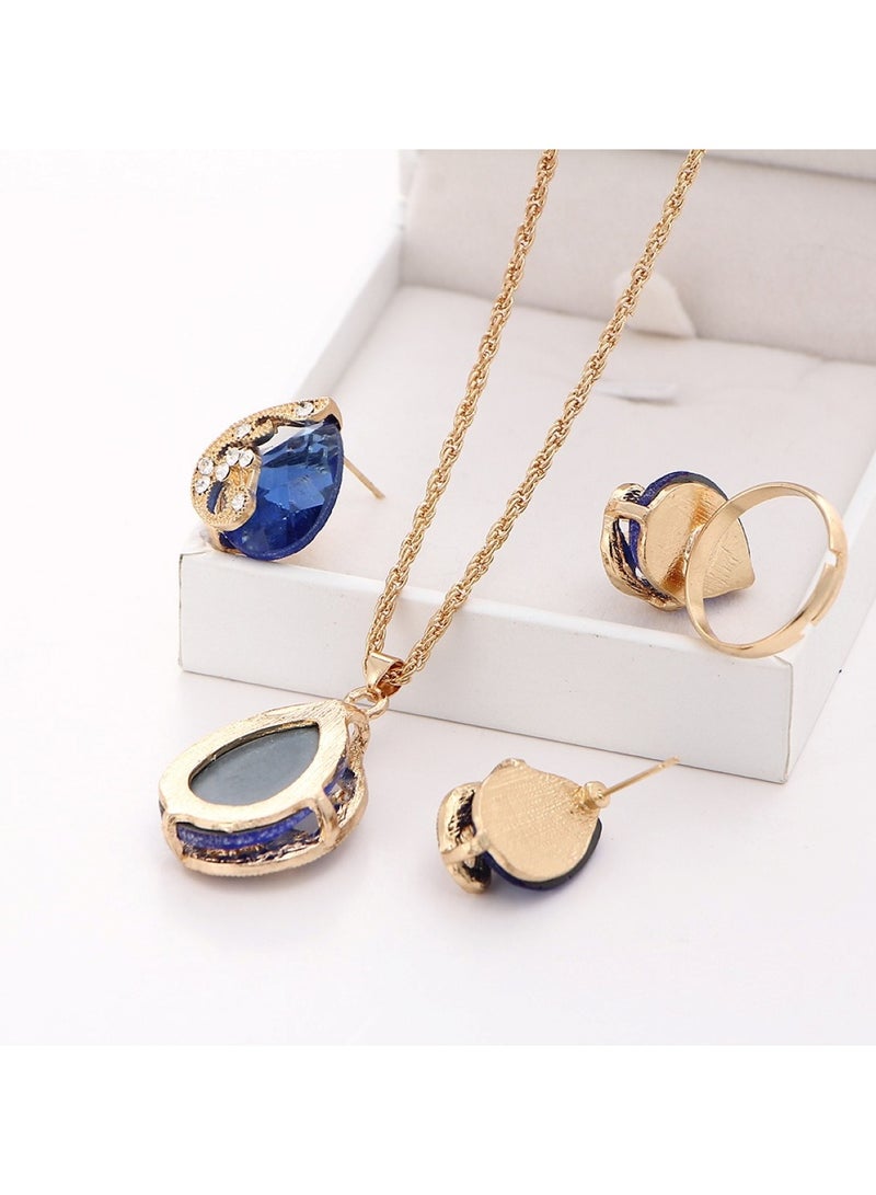 Huitich Three-Piece Jewelry Set Pendant Necklace, Earrings, and Ring for Women Blue - Image 4