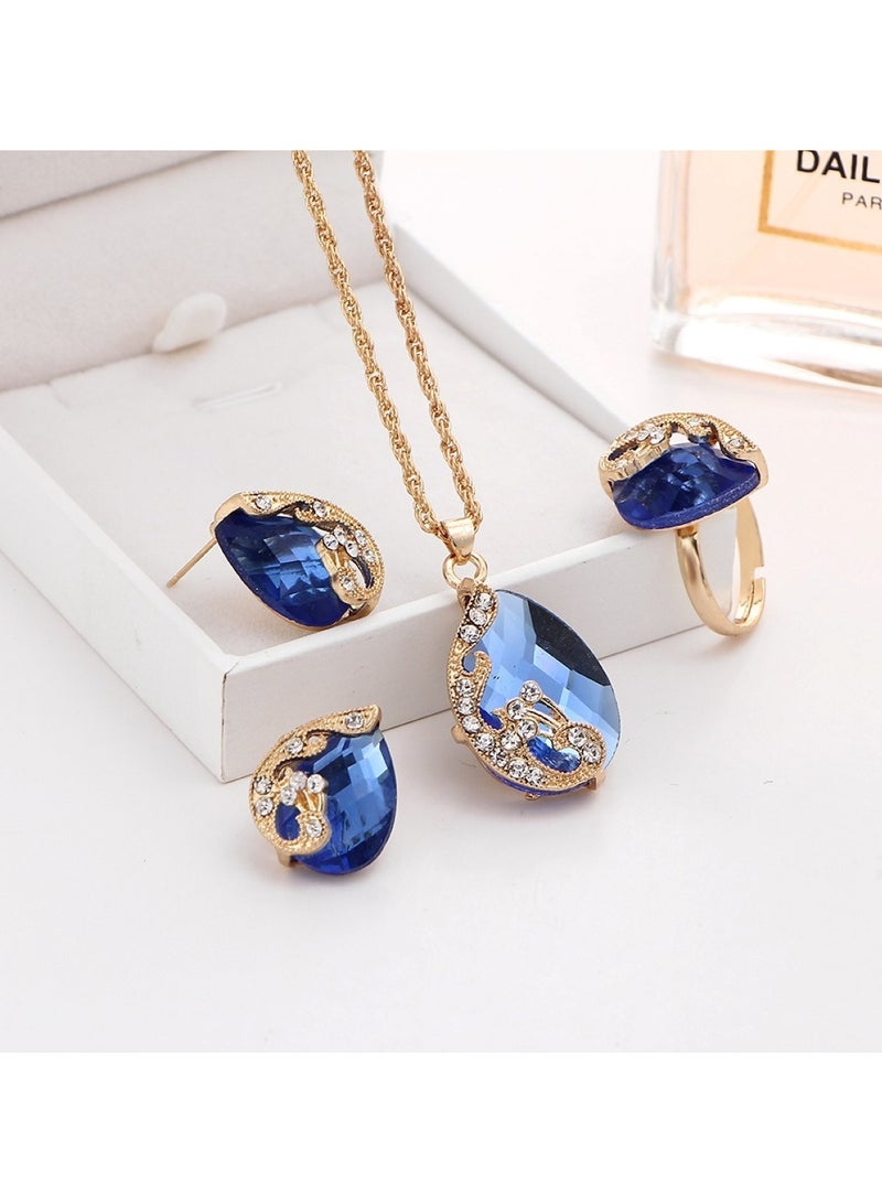 Huitich Three-Piece Jewelry Set Pendant Necklace, Earrings, and Ring for Women Blue - Image 2