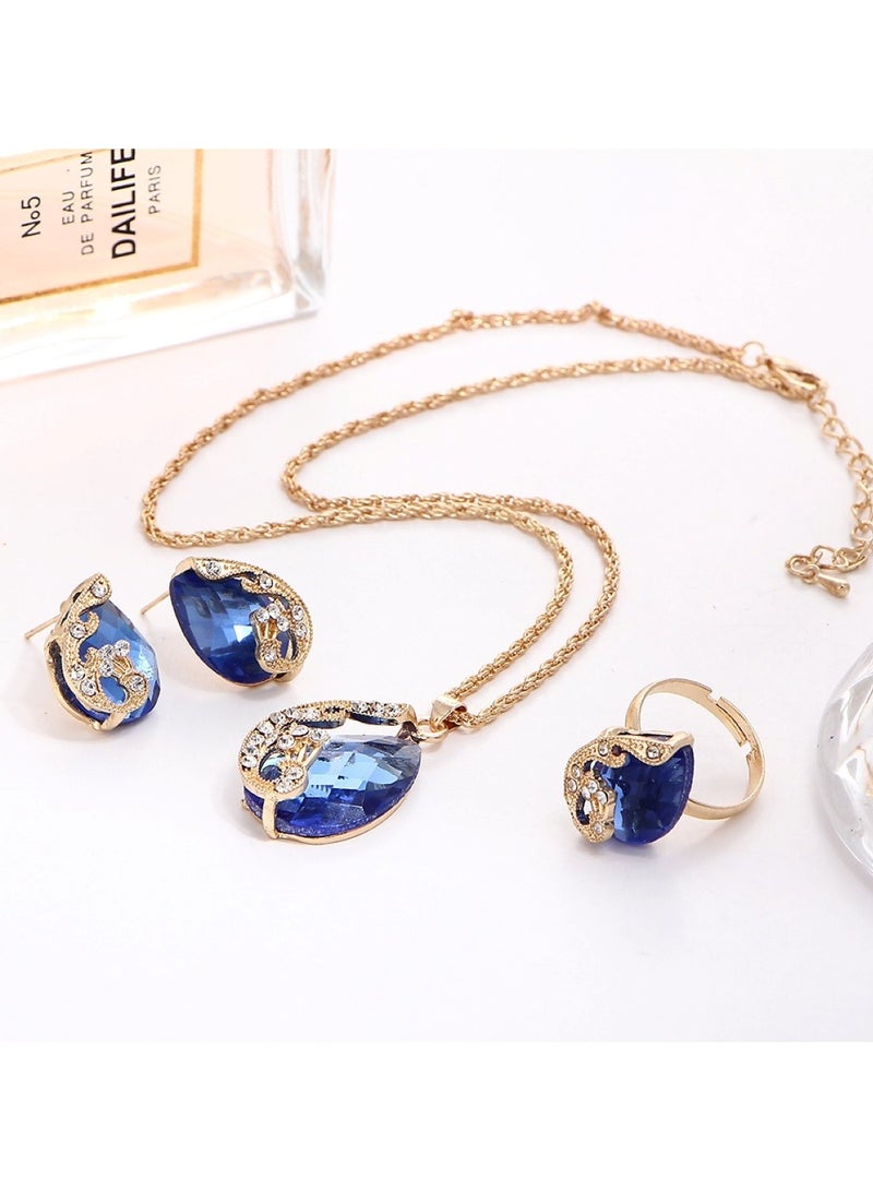 Huitich Three-Piece Jewelry Set Pendant Necklace, Earrings, and Ring for Women Blue - Image 5