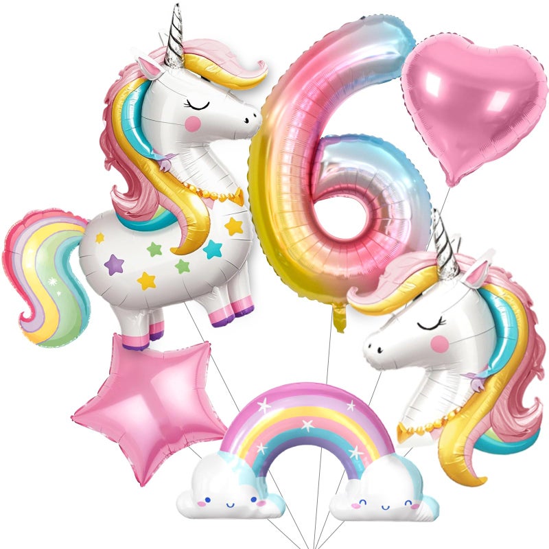 SNLN Unicorn 6th Birthday Party Decorations for Girls Large Self Standing 3D Unicorn Foil Balloons with Rainbow Heart Star Balloons Wedding Baby Shower Pink Party Supplies number 6 set - Image 3