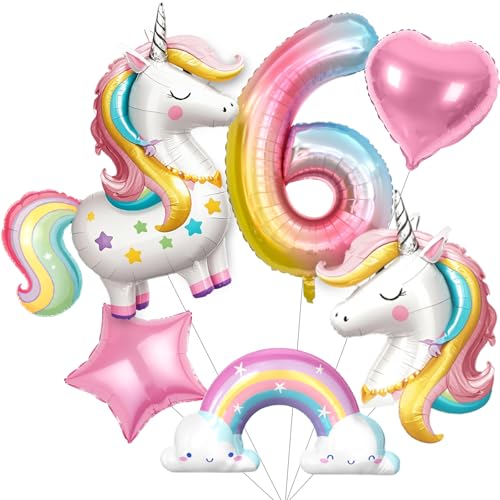 SNLN Unicorn 6th Birthday Party Decorations for Girls Large Self Standing 3D Unicorn Foil Balloons with Rainbow Heart Star Balloons Wedding Baby Shower Pink Party Supplies number 6 set - Image 1