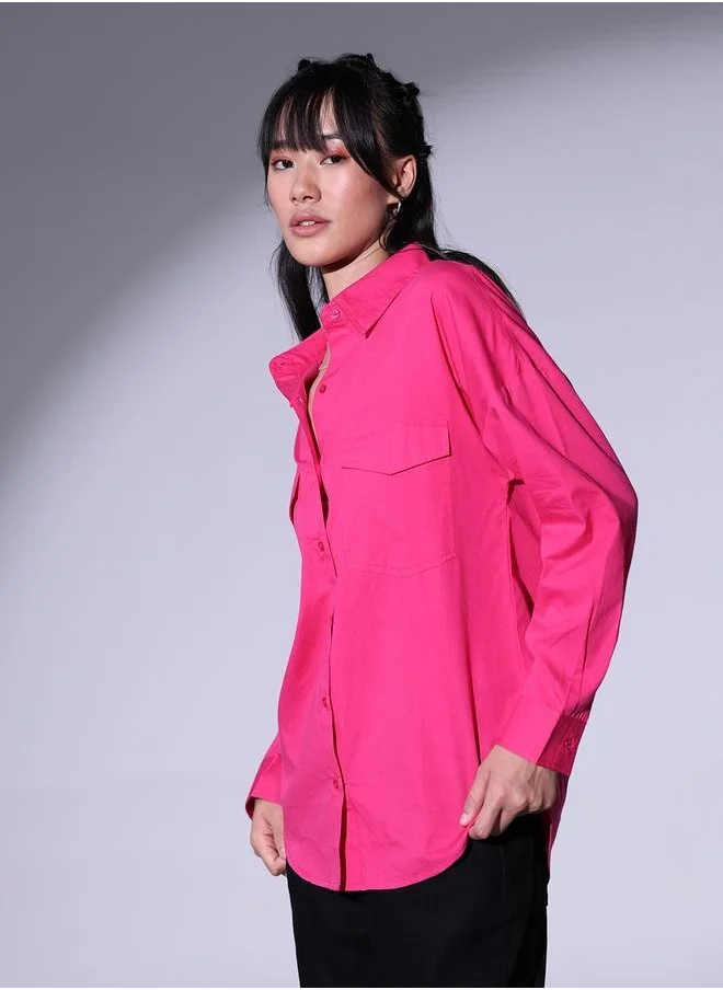 هوبرهولمي Pink Spread Collar Oversized Pure Cotton Casual Shirt for Women