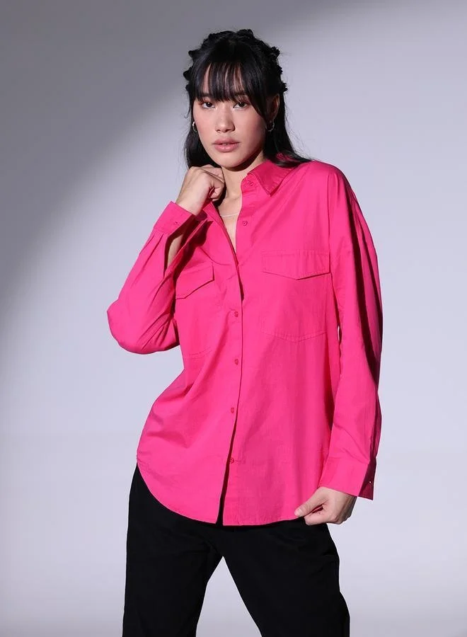 Hubberholme Pink Spread Collar Oversized Pure Cotton Casual Shirt for Women
