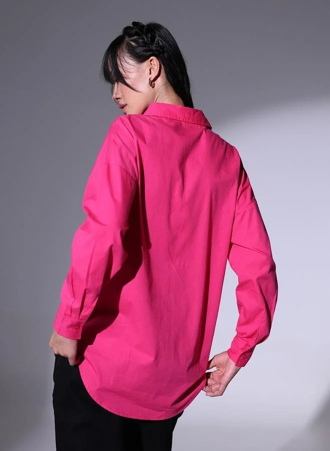 Hubberholme Pink Spread Collar Oversized Pure Cotton Casual Shirt for Women