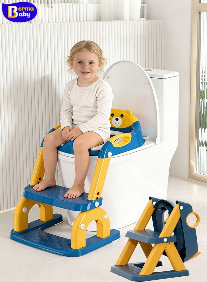 Berma Baby مقعد تدريب على استخدام المرحاض مع سلم متدرج للأطفال الصغار - مقعد مرحاض 2 في 1 مُحسّن للأطفال الأولاد والبنات، وسادة مضادة للانزلاق وارتفاع قابل للتعديل مع مقاومة للماء - أزرق غامق - Image 1