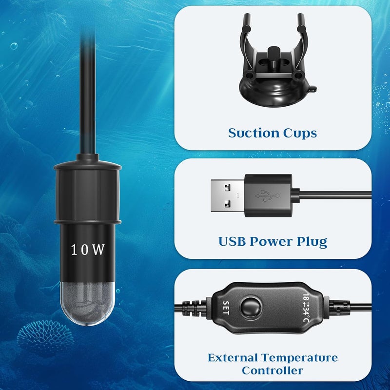 TobeBright 10W Mini Submersible Digital Aquarium Heater DC5V Fish Tank Heater with Thermometer, External Temperature Controller, LED Display, for Betta Fish, Turtle, etc - Image 5
