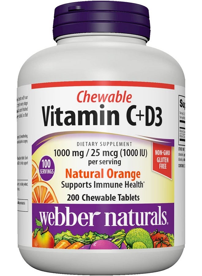 Webber naturals Vitamin C+D3 200 Chewable Orange Tablets 1000 Mg Of Vitamin C With 1000 Iu Of Vitamin D3 Per Serving Bones Teeth Immune And Antioxidant Support Non Gmo Dairy & Gluten Free  - Image 1