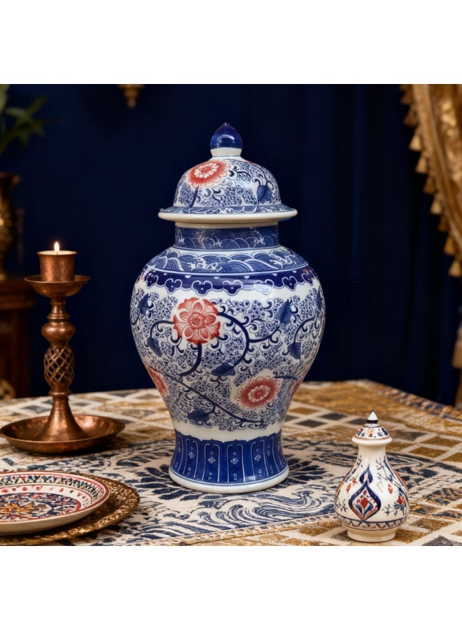 مرطبان زنجبيل خزفي من لومينا باللونين الأزرق والأبيض مع غطاء، 50 سم - مزهرية زخرفية من البورسلين الصيني، بتصميم زهور شرقية كلاسيكية، لمسة ديكور منزلية كبيرة لغرفة المعيشة أو المدخل أو المكتب - Image 4