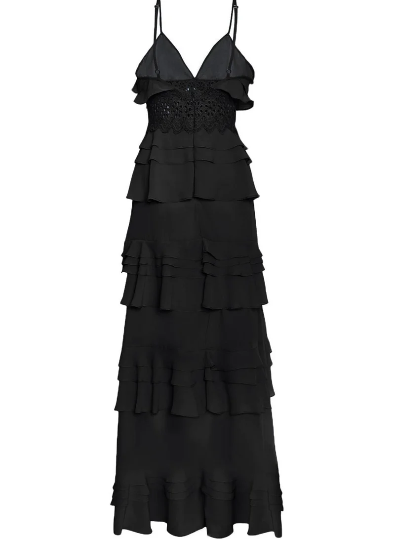ترو ديكادينس Sophia Black Plunge Front Tiered Ruffle Maxi-Dress